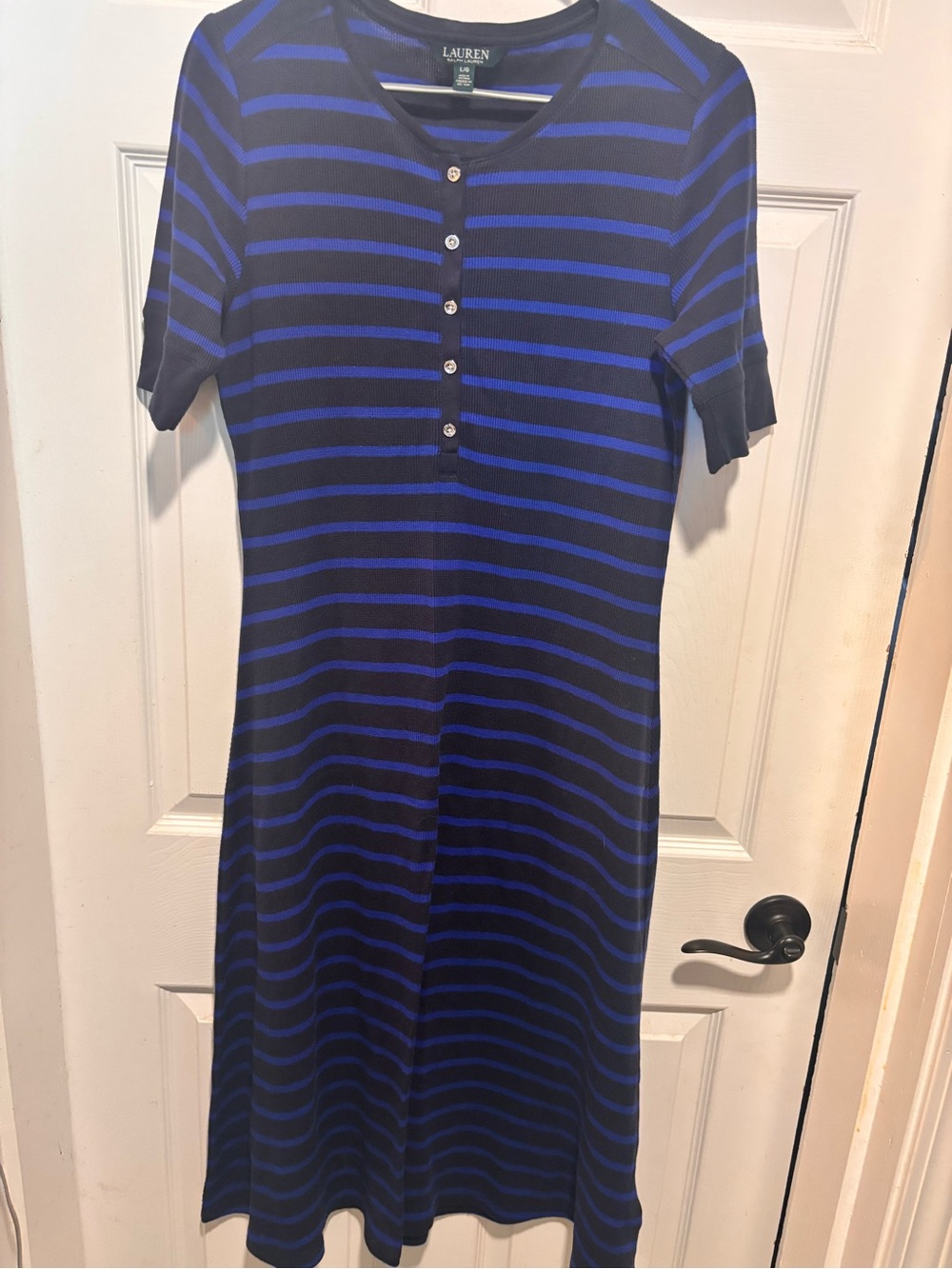 Lauren Ralph Lauren Black and Royal Blue Striped Henley Midi Dress